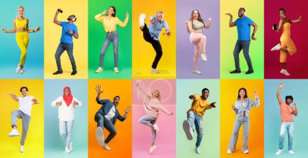 Téléchargez les photos : Set of positive multiethnic men and women posing on colorful studio backgrounds, happy multicultural people having fun and expressing positive emotions, full length photos, panorama, collage - en image libre de droit