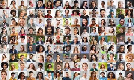 Foto de Collection of cheerful multiethnic people smiling and gesturing on various backgrounds, happy attractive men and women, children showing positive emotions, collage, set of closeup photos - Imagen libre de derechos