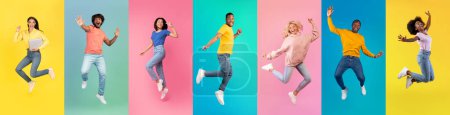 Téléchargez les photos : Joy Of Youth. Collage With Happy Young People Jumping Over Colorful Backgrounds, Diverse Carefree Millennial Men And Women Having Fun And Laughing While Posing On Bright Backdrops, Panorama - en image libre de droit