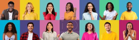Photo for Cool young multicultural men and women showing diverse emotions, set of photos, stylish millennial people posing over colorful studio backgrounds, smiling, gesturing, grimacing, collage, bannner - Royalty Free Image