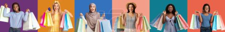Foto de Shopaholic and sale. Glad surprised excited international young women with many bags of purchases enjoy shopping with credit card on multicolored background, studio, panorama. Fashion, ad and offer - Imagen libre de derechos
