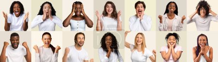Photo for Cheerful multiracial young people posing on white studio background, positive millennial men and women grimacing, gesturing and smiling, set of closeup photos, collage, panorama - Royalty Free Image