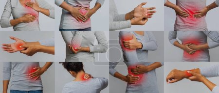 Foto de Mujer afroamericana joven que sufre de dolor en el costado, pecho, abdomen y cuello, destacó la inflamación en rojo sobre fondo gris, estudio. Problemas de salud, menstruación, lesiones y artritis - Imagen libre de derechos