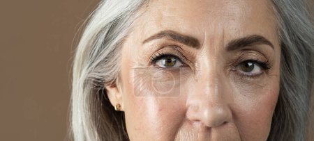 Téléchargez les photos : Calme vieille dame européenne sérieuse avec les cheveux gris regarde avec ses yeux à la caméra, isolé sur fond brun, studio, gros plan. Cosmétiques anti-âge, soins de beauté, traitement, procédures de spa, publicité et offre - en image libre de droit