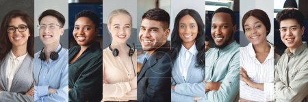 Photo for Career choice for millennials concept. Mosaic of positive international young men and women in formal outwear posing at workplace, collection of photos, collage, web-banner - Royalty Free Image
