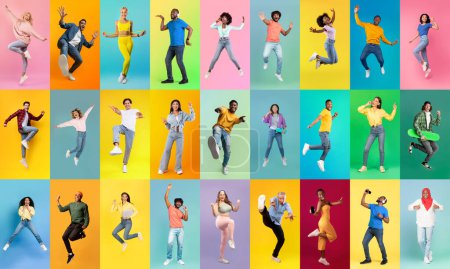 Photo for Diverse Happy Men And Women Expressing Positive Emotions Over Colorful Backgrounds, Group Of Cheerful Multiethnic People Of Different Age Fooling Over Bright Backdrops, Creative Collage - Royalty Free Image