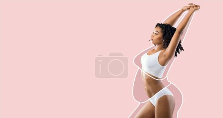 Photo for Serious millennial slim black female in white lingerie enjoys weight loss result with fat abstract body around isolated on pink wall background, studio. Before and after, body care, diet and sports - Royalty Free Image