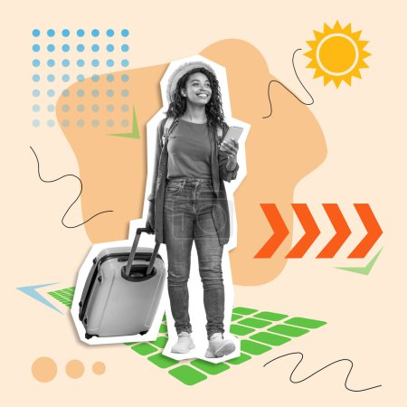 Téléchargez les photos : Smiling inspired african american female traveler with suitcase use smartphone, booking hotel with travel app, black and white, with abstract signs and sun, full length. Lifestyle, journey and trip - en image libre de droit