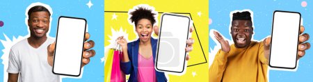Photo for Colllection of happy millennial black people two guys and one lady posing with brand new mobile phones with white empty screens, recommending nice applications, panorama, mockup, collage - Royalty Free Image