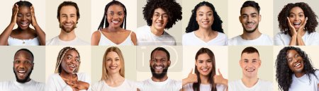 Téléchargez les photos : Positive multicultural people young men and women cheerfully smiling and gesturing at camera, set of closeup photos on white studio backgrounds, collage, panorama, diversity concept - en image libre de droit