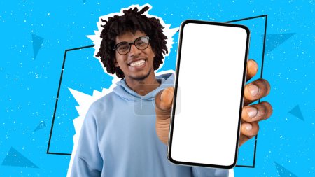 Photo for Cheery black guy wearing sunglasses showing brand new smartphone with white empty screen, recommending nice mobile app, colorful background, mockup for advertisement, banner with copy space, collage - Royalty Free Image