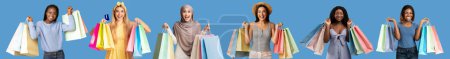 Photo for Happy inspired different young women with many bags with purchases show credit card, enjoy shopping isolated on blue background, studio, panorama. Huge sale, emotions from buy, fashion, ad and offer - Royalty Free Image