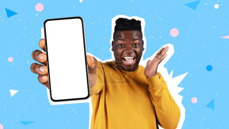 Photo for Amazing Offer. Surprised Black Man Showing Blank Smartphone With White Screen, Excited African American Male Recommending New Mobile App Or Website, Colorful Background, Mockup, Collage, Panorama - Royalty Free Image