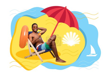 Téléchargez les photos : Happy millennial black guy in glasses and shorts drinking tropical cocktail in lounge chair, chilling on abstract beach with umbrella near sea. Relax, travel at weekend, vacation and free time summer - en image libre de droit