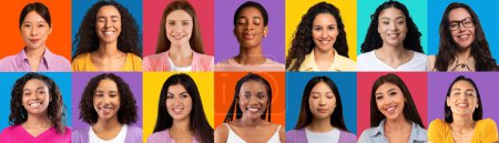 Photo for Happy Females. Set Of Smiling Faces Of Diverse Women Over Colorful Backgrounds, Portraits Of Cheerful Young Ladies Of Different Ethnicity Expressing Positive Emotions, Creative Collage - Royalty Free Image