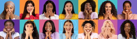 Foto de Collection of young multicultural pretty ladies showing amazement, surprised millennial women holding hands by face and screaming, colorful studio backgrounds, collage, web-banner - Imagen libre de derechos
