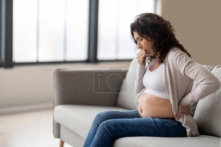 Téléchargez les photos : Morning Sickness. Pregnant Young Woman Suffering Nausea While Sitting On Couch At Home, Expectant Lady Covering Mouth With Hand And Touching Loin, Ready To Vomit, Feeling Unwell, Copy Space - en image libre de droit