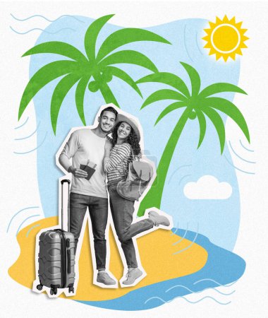 Photo for Glad young arab couple hug, enjoy vacation, with suitcase, passports and travel tickets, black and white, on abstract beach with sun and water, studio, full length, collage. Vacation together, tourism - Royalty Free Image