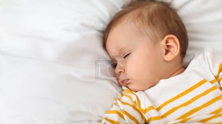 Photo for Beautiful little baby girl sleeping peacefully on bed, resting during daytime sleep with eyes closed, panorama with free space. Toddler child napping. High angle, cropped shot - Royalty Free Image