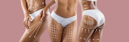 Photo for Millennial slim african american ladies in white lingerie with abstract lines on body isolated on pink wall background, studio, panorama. Anti-cellulite massage, health and beauty care, body shaping - Royalty Free Image