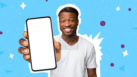 Photo for I Like It. Cheerful Young Black Guy Showing Smartphone With White Blank Screen, Looking At Camera And Smiling, Standing On Colorful Background. Studio Shot, Collage, Mockup - Royalty Free Image