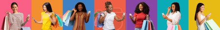 Téléchargez les photos : Cheerful shocked black, asian women shopaholic in casual with packages enjoy online shopping, typing on phone, isolated on colorful background, studio, panorama. App for sale, cashback, ad and offer - en image libre de droit