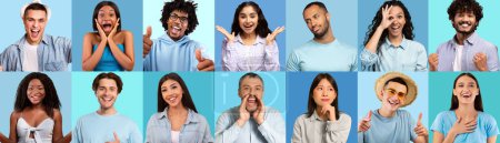 Foto de Set Of Diverse Multiethnic People Expressing Different Emotion While Standing Over Blue Coloured Backgrounds, Multicultural Men And Women With Excited Faces Posing Over Bright Backdrops, Collage - Imagen libre de derechos