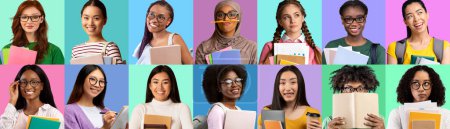 Foto de Retrato de diversas estudiantes multiétnicas con mochilas posando sobre fondos de estudio coloridos, diferentes mujeres jóvenes sonrientes con libros de trabajo de pie sobre fondos brillantes, collage - Imagen libre de derechos