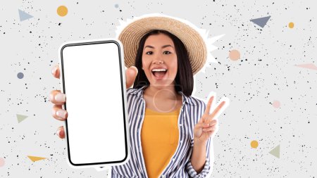 Photo for Dating mobile app. Excited young asian lady holding smartphone with white empty screen in hand, showing peace gesture at camera. Gadget with blank space, mockup, colorful background, collage - Royalty Free Image