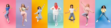 Foto de Nice Offer. Group Of Happy Excited Women Jumping Over Colorful Backgrounds, Diverse Overjoyed Multiethnic Females Emotionally Celebrating Success, Having Fun On Bright Backdrops, Collage, Panorama - Imagen libre de derechos