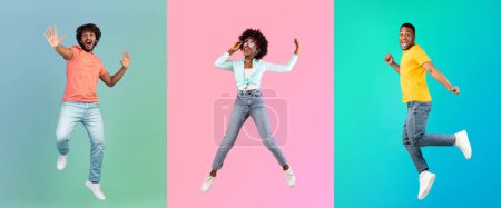 Téléchargez les photos : Crazy Sales. Group Of Happy Excited People Jumping Over Colorful Backgrounds, Diverse Overjoyed Multiethnic Males And Female Emotionally Reacting To Nice Offer, Creative Collage, Panorama - en image libre de droit