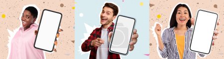Téléchargez les photos : Set of cheerful multicultural young people two ladies and one guy posing with brand new smartphones with white empty screens, gesturing, recommending nice applications, panorama, mockup, collage - en image libre de droit