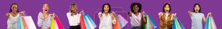 Téléchargez les photos : Glad surprised international young women with open mouths hold many bags with purchases point finger at camera, enjoy shopping isolated on violet background. Sale, ad and offer, your choice, turn - en image libre de droit