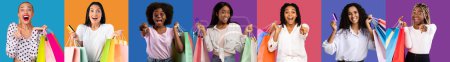 Foto de Satisfied shocked black, arab, european people shopaholic with packages enjoy shopping, show credit card and finger at camera isolated on colorful background, panorama. Emotions from sale, cashback - Imagen libre de derechos