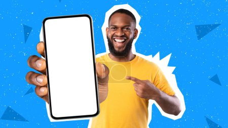 Photo for Check out this mobile app. Excited African American man presenting smartphone with blank screen, offering space for website or ad, smiling at camera on colorful studio background, mockup, collage - Royalty Free Image