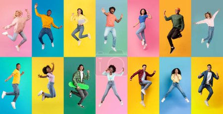 Téléchargez les photos : Great Offer. Full Length Shots Of Happy Excited People Jumping On Colorful Backgrounds, Diverse Young Multiethnic Men And Women Expressing Positive Emotions, Creative Collage, Panorama - en image libre de droit
