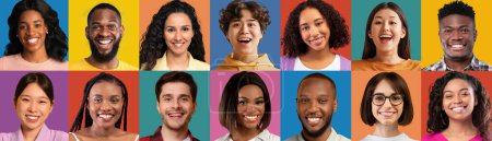 Photo for Collection of closeup photos of positive multicultural people sharing happiness over colorful studio backgrounds, happy attractive millennial men and women showing positive emotions, collage, panorama - Royalty Free Image
