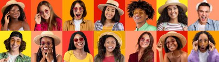 Téléchargez les photos : Happy Young Multiethnic People Wearing Summer Hats And Eyeglasses Posing Over Colorful Backgrounds, Portrait Of Joyful Multicultural Men And Women Smiling At Camera, Collage, Panorama - en image libre de droit