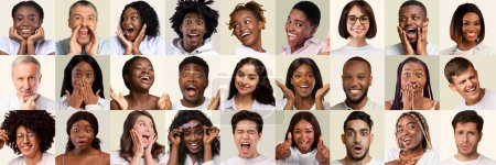 Photo for Human emotions concept, collage. Set of multiracial men and women different ages showing various emotions positive and negative, gesturing, grimacing over white backgrounds, panorama - Royalty Free Image