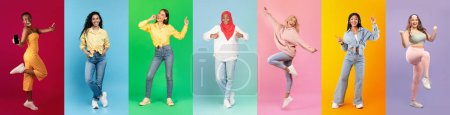 Foto de Grupo de diversas mujeres multiétnicas divirtiéndose en fondos coloridos, collage creativo con mujeres jóvenes multiculturales felices expresando emociones positivas mientras se paran sobre fondos brillantes del estudio - Imagen libre de derechos
