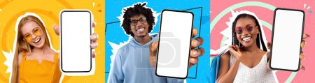 Téléchargez les photos : Colllection of happy multiracial millennial people two ladies and one guy posing with brand new mobile phones with white empty screens, recommending nice applications, panorama, mockup, collage - en image libre de droit