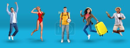 Photo for Happy multicultural young people tourists men and women enjoying vacation, posing in swimsuits, with camera, luggage, passport, blue background, collage, web-banner for travelling concept - Royalty Free Image