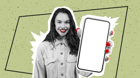 Photo for Cool offer. Black and white smiling young european brunette lady in casual with red lipstick and manicure showing cell phone with white blank screen, colorful background, panorama, collage - Royalty Free Image