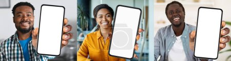Téléchargez les photos : Happy Black Men And Woman Holding Big Blank Smartphones And Showing It At Camera, Set Of Portraits With Diverse Smiling African American People With Empty Cellphones In Hands, Collage, Mockup - en image libre de droit