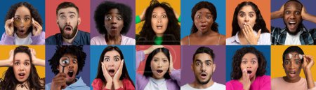 Téléchargez les photos : Mosaic of young multicultural people showing amazement, surprised millennial men and women holding hands by face and screaming, covering mouth, colorful studio backgrounds, collage, web-banner - en image libre de droit
