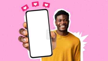 Photo for Handsome cheerful happy young african american guy showing modern cell phone with white blank screen and smiling, enjoying newest dating mobile app, colorful background, mockup, collage - Royalty Free Image