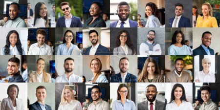 Photo for Cheerful multiracial business people millennial men and women various occupations posing on diverse backgrounds, smiling at camera, panorama, collage for international business community - Royalty Free Image