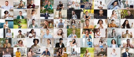 Photo for Human lifestyle concept. Collection of cheerful closeup photos of diverse men and women various ages and occupations, multiracial people posing indoors and outdoors, collage, panorama - Royalty Free Image
