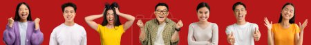 Téléchargez les photos : Hommes et femmes asiatiques émotionnels différents âges posant sur fond rouge, beaux coréens montrant des émotions positives, partageant la joie, collection de photos de studio, collage - en image libre de droit