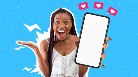 Photo for Emotional happy attactive young black woman with long braids showing modern phone with white empty screen and heart icons above, gesturing, using social media, colorful background, mockup, collage - Royalty Free Image
